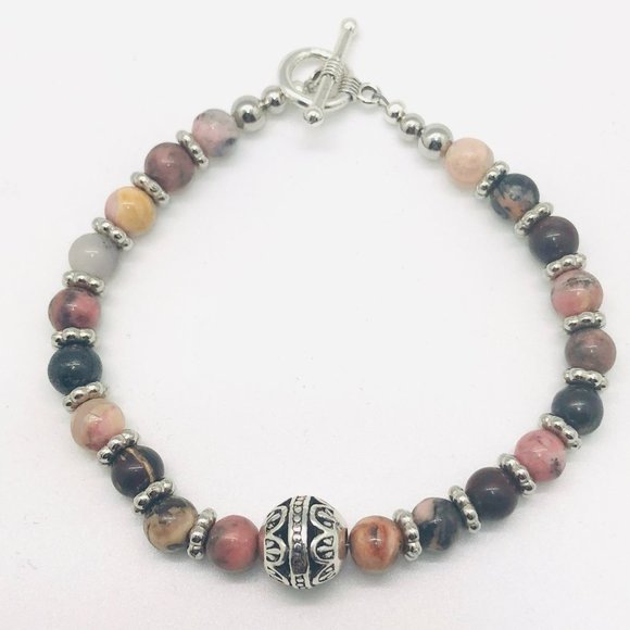 Beaded Bracelet - pink and gray marble beads with silver accents - Picture 2 of 2